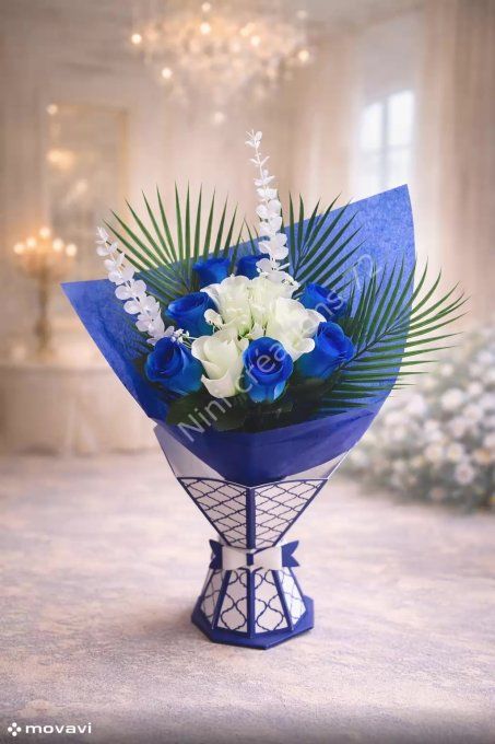 Bouquet de Rose bleu/blanc avec son vase