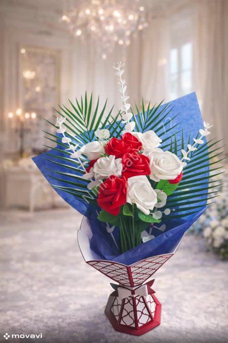Bouquet de Rose rouge/blanc avec son vase