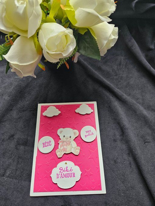 Carte  naissance Ourson Rose fushia