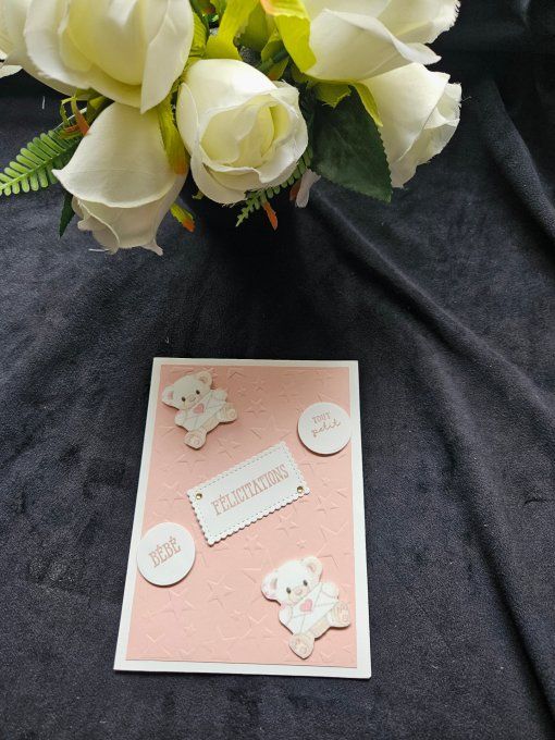 Carte naissance Ourson Rose pâle