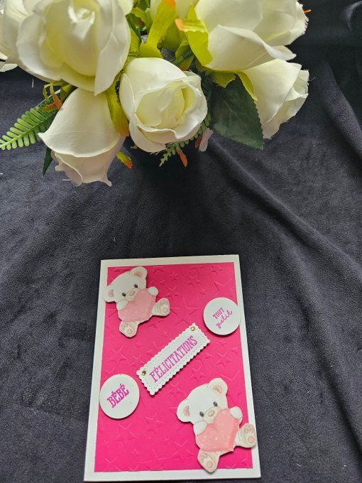 Carte naissance Ourson Rose fushia